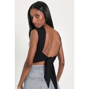 Lulus Fresh Update Black Backless Tie-back Cap Sleeve Crop Top